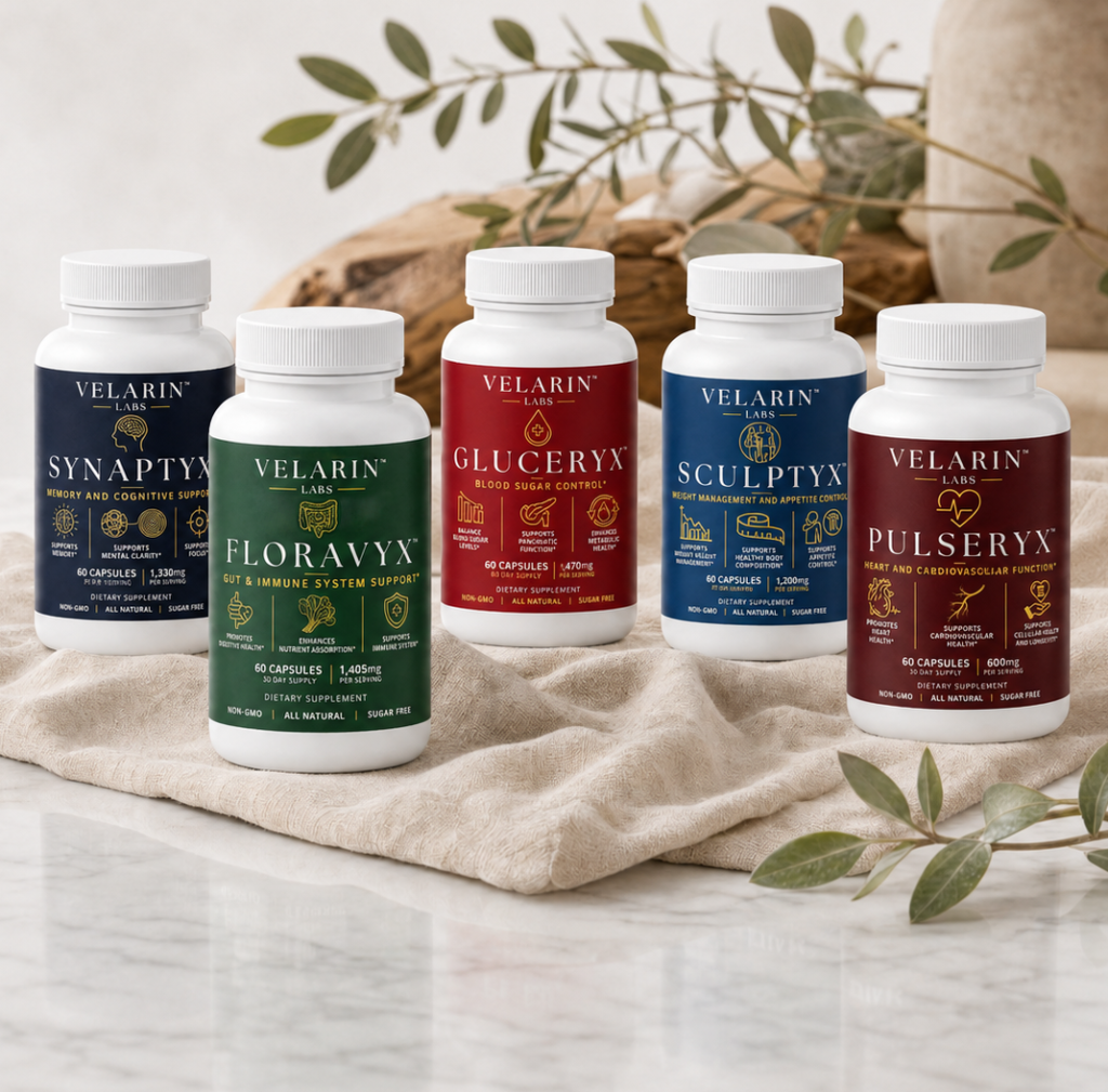Five Velarin Labs supplement bottles - Synaptyx, Floravyx, Gluceryx, Sculptyx and Pulseryx - arranged on linen with olive branches