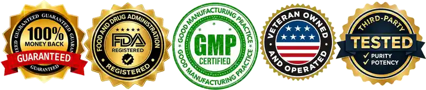 100% money-back guarantee, FDA registered facility, GMP certified, veteran owned and operated, third-party tested for purity and potency