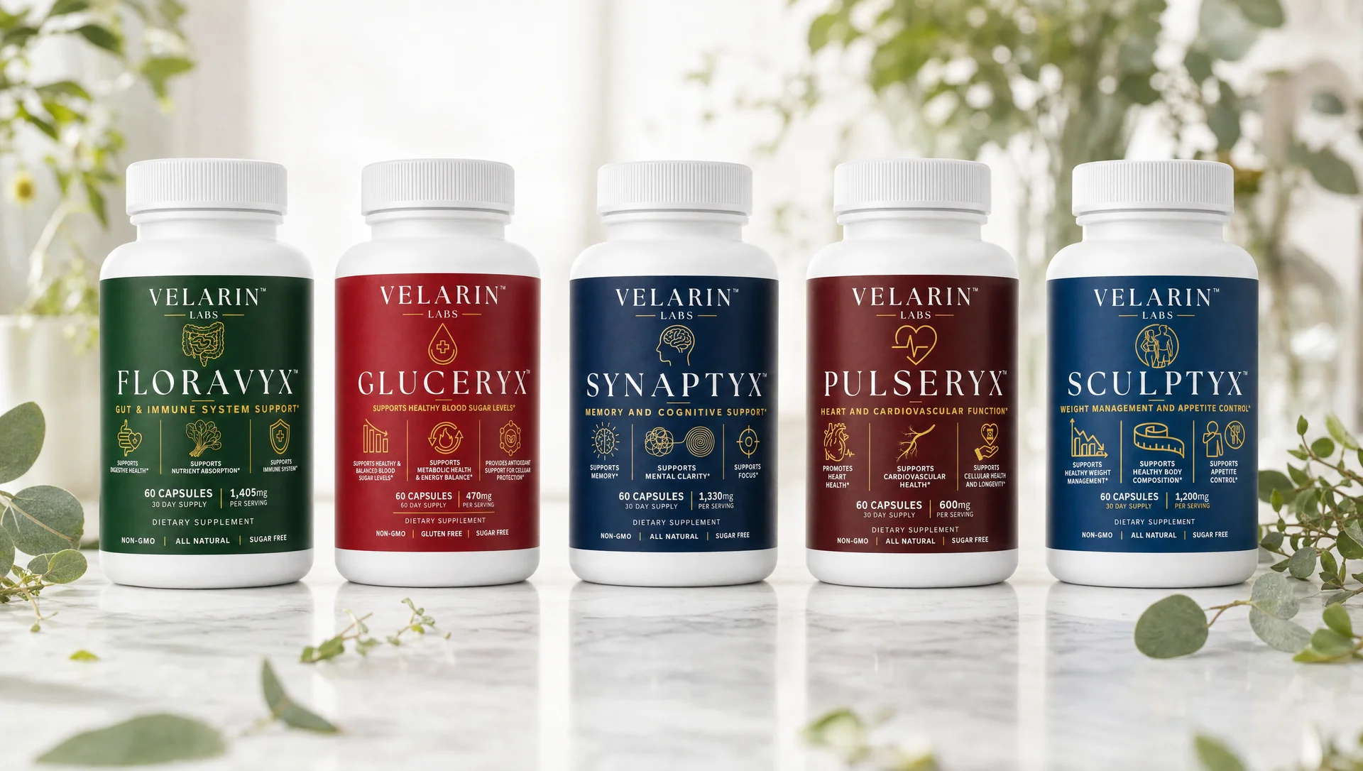 Five Velarin Labs supplement bottles - Synaptyx, Floravyx, Gluceryx, Sculptyx and Pulseryx - arranged on linen with olive branches
