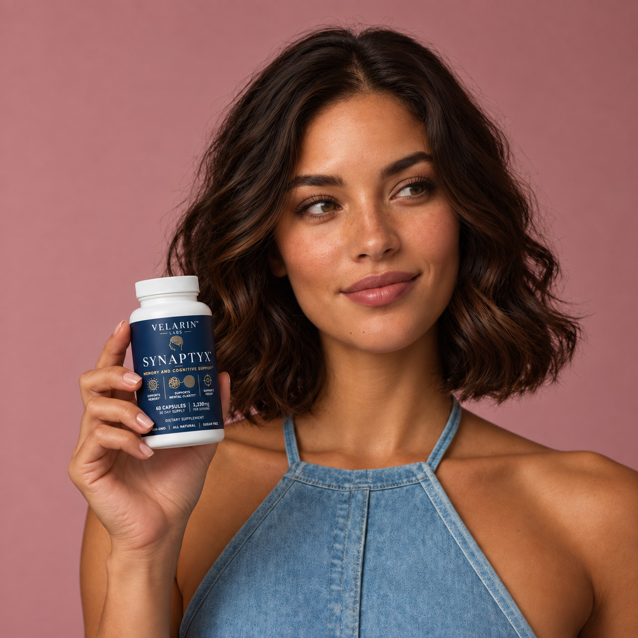 Woman holding a bottle of Velarin Labs Synaptyx